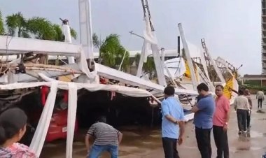 तेज आंधी में चोखरधानी रेस्टोरेंट की पार्किंग शेड गिरी, बड़ा हादसा टला